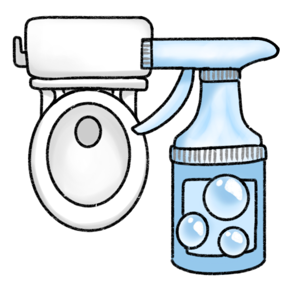 a blue spray bottle with bubbles on it, in front of a toilet as viewed from above. 